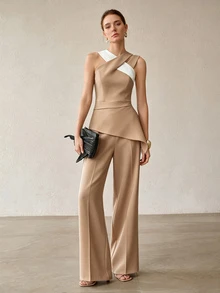 MOTF PREMIUM ELEGANT SOPHISTICATED CONTRAST COLOR ASYMMETRICAL ONE-SHOULDER CRISS-CROSS STRAP SLEEVELESS TOP & WIDE-LEG LONG PANTS TWO PIECES SET FOR WOMEN - Khaki - View 3