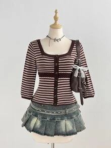 Elamini Women's Striped Contrast Color Button Square Neck 3/4 Sleeve Cute Delicate Versatile Knit Cardigan - Brown - View 5