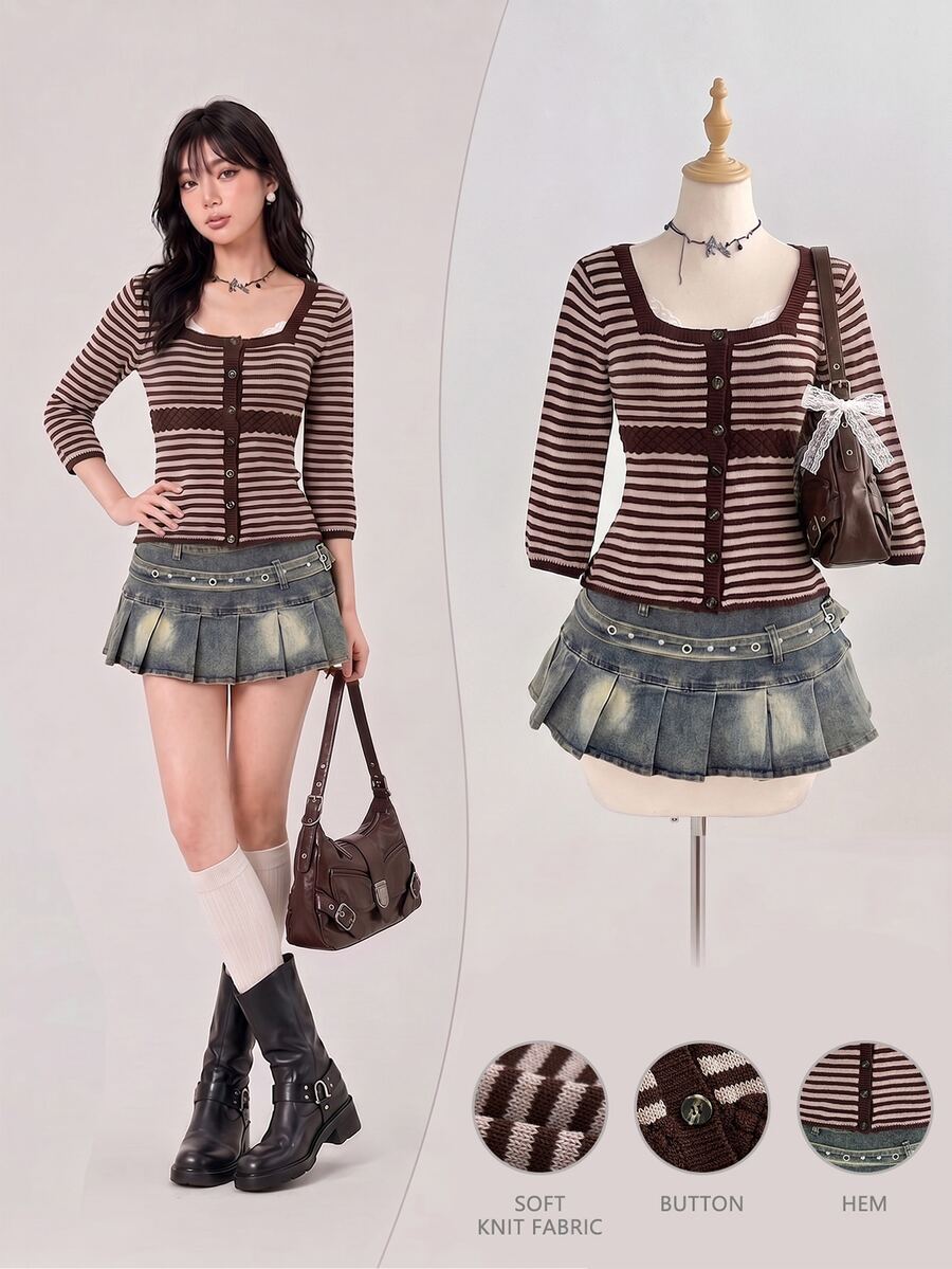 Elamini Women's Striped Contrast Color Button Square Neck 3/4 Sleeve Cute Delicate Versatile Knit Cardigan - Brown - View 1