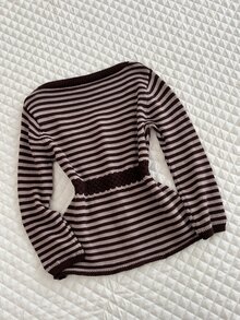 Elamini Women's Striped Contrast Color Button Square Neck 3/4 Sleeve Cute Delicate Versatile Knit Cardigan - Brown - View 2