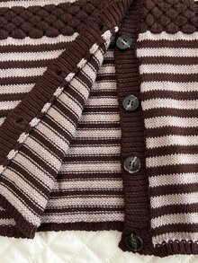 Elamini Women's Striped Contrast Color Button Square Neck 3/4 Sleeve Cute Delicate Versatile Knit Cardigan - Brown - View 4