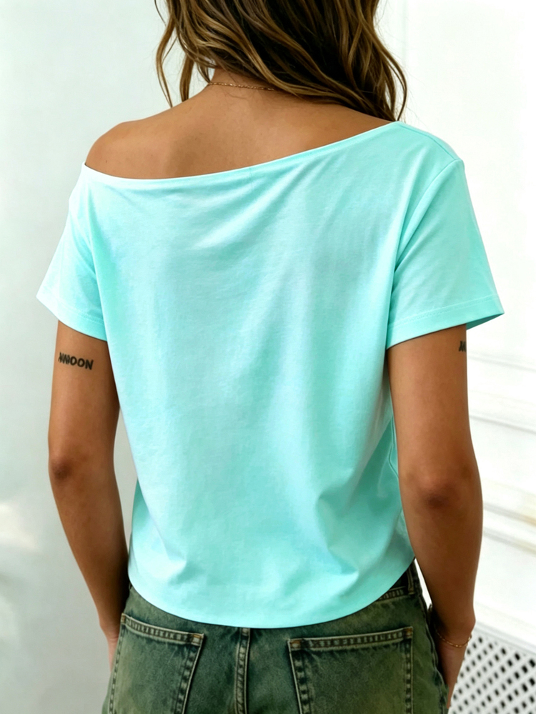 Rovax Solid Color Minimalist Asymmetrical Neck Short Sleeve Cropped Fashion T-Shirt - Pink - View 2