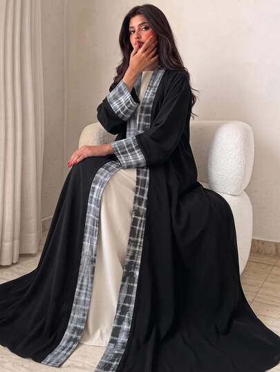 Yasmyna Women's Fashion Printed Patchwork Contrast Color Long Sleeve Minimalist Modest Elegant Style Arabic Abaya Dates Tidur Autumn