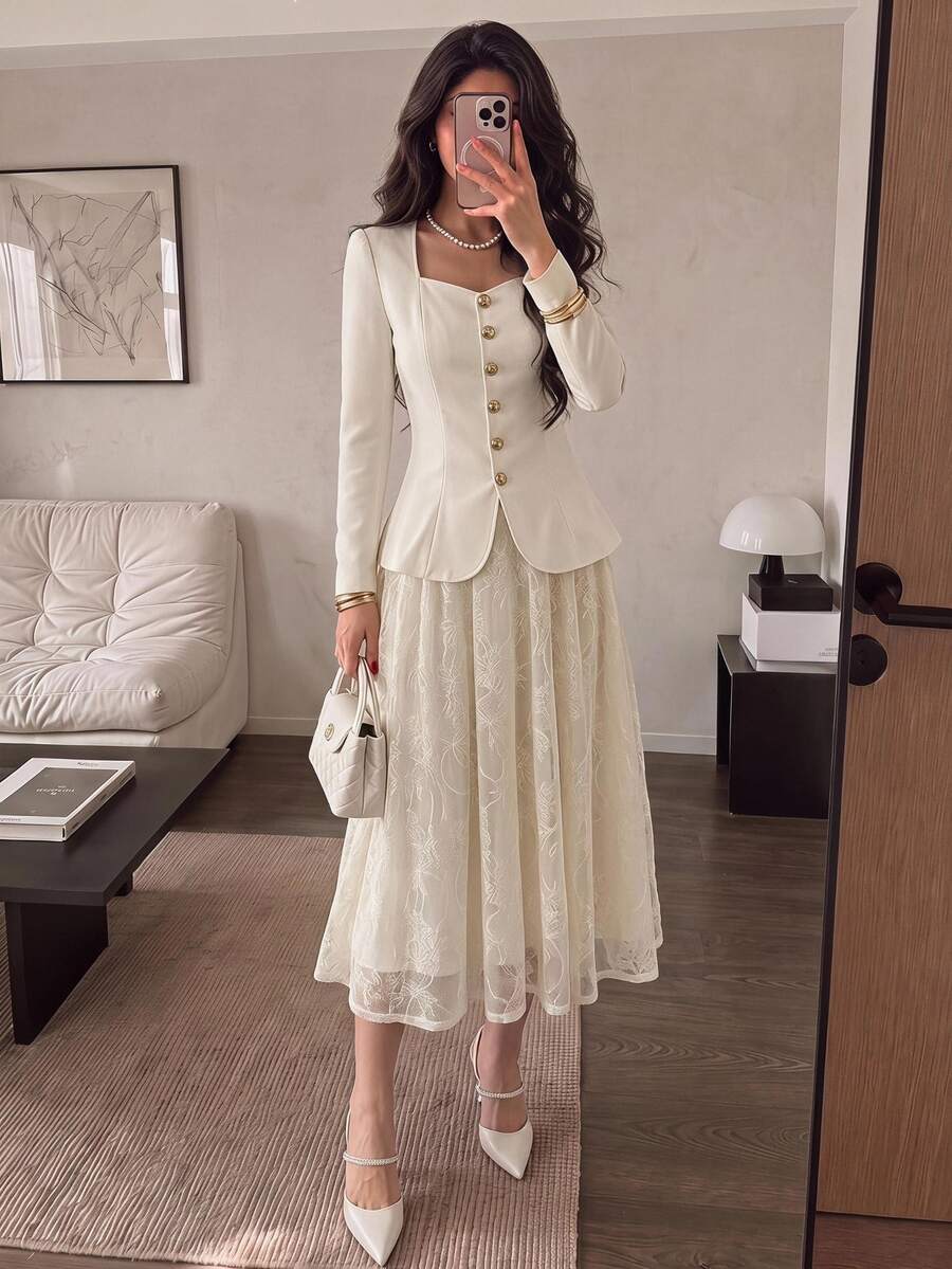 Modelyn 女款優雅通勤長袖單排扣襯衫與蕾絲裙兩件套