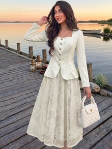 Modelyn 女款優雅通勤長袖單排扣襯衫與蕾絲裙兩件套 - 黃色 - 查看 4