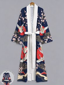 Irokai Sakura 浮世繪鶴雲圖寬袖和服罩衫，前開襟繫腰浴袍，日式浴衣度假旅行海軍藍 - 彩色 - 查看 1