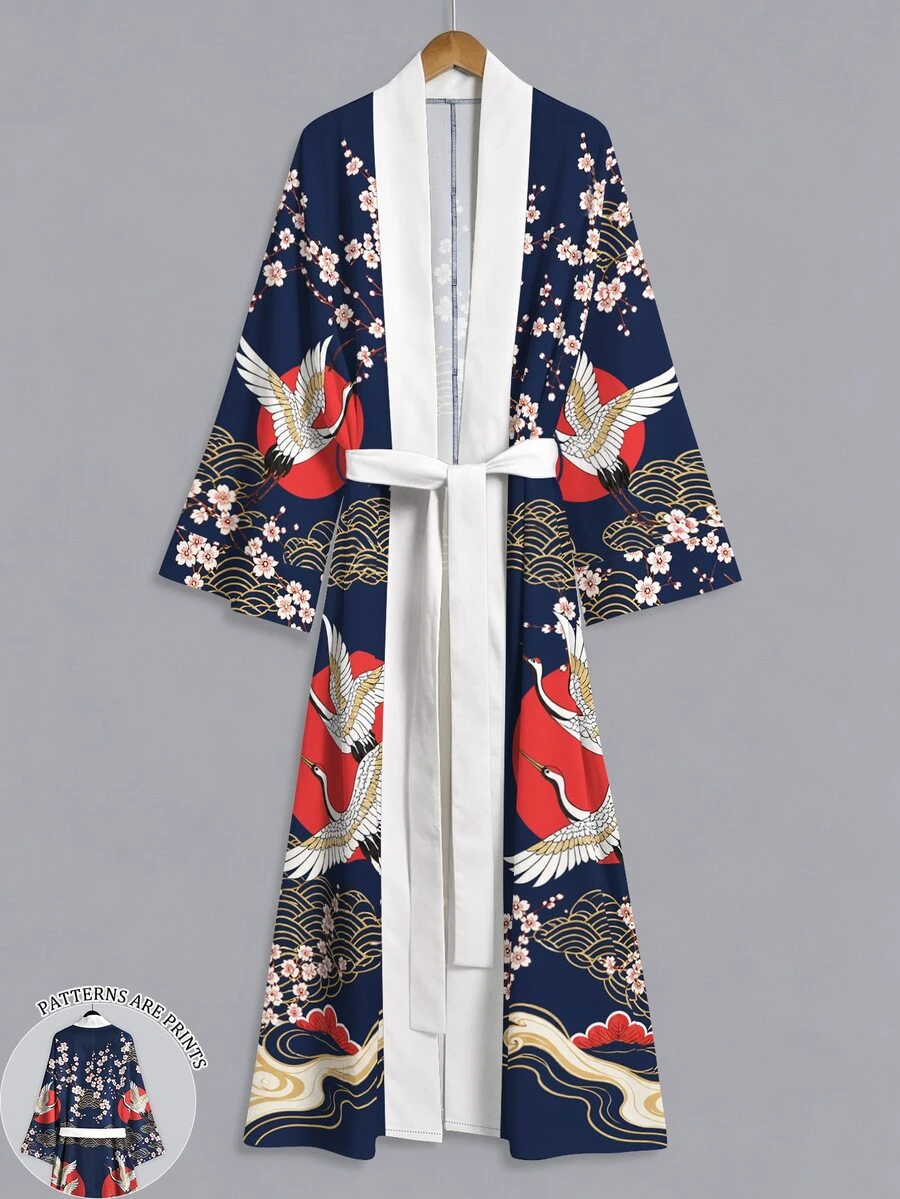 Irokai Sakura 浮世繪鶴雲圖寬袖和服罩衫,前開襟繫腰浴袍,日式浴衣度假旅行海軍藍 - 彩色 - 查看 1