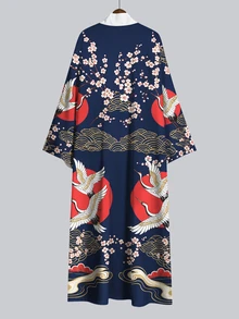 Irokai Sakura 浮世繪鶴雲圖寬袖和服罩衫，前開襟繫腰浴袍，日式浴衣度假旅行海軍藍 - 彩色 - 查看 3