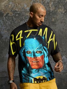 BATMAN X SHEIN 男士字母卡通圖案休閒日常短袖T恤 - 黑色 - 查看 4