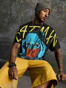 BATMAN X SHEIN 男士字母卡通圖案休閒日常短袖T恤 - 黑色 - 查看 8