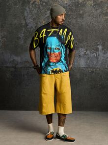 BATMAN X SHEIN 男士字母卡通圖案休閒日常短袖T恤 - 黑色 - 查看 6