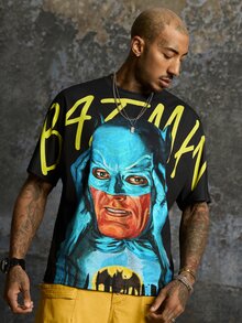 BATMAN X SHEIN 男士字母卡通圖案休閒日常短袖T恤 - 黑色 - 查看 3