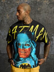 BATMAN X SHEIN 男士字母卡通圖案休閒日常短袖T恤 - 黑色 - 查看 7