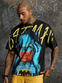 BATMAN X SHEIN 男士字母卡通圖案休閒日常短袖T恤 - 黑色 - 查看 5
