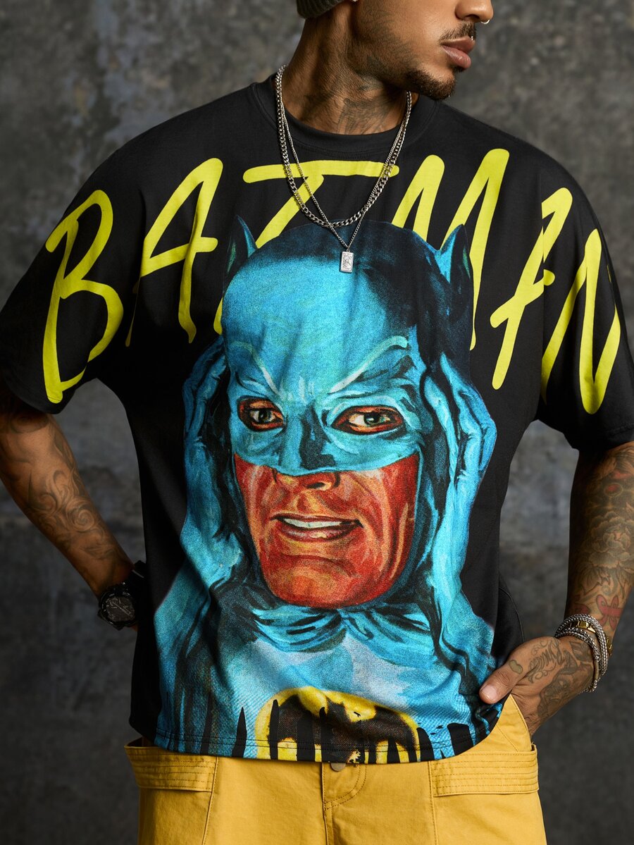 BATMAN X SHEIN 男士字母卡通圖案休閒日常短袖T恤 - 黑色 - 查看 1