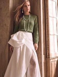Anewsta Hollow Crochet Green Asymmetrical Floral Pattern Cropped Round Neck Sweater - Green - View 5