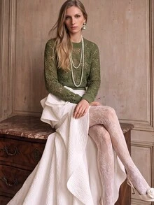 Anewsta Hollow Crochet Green Asymmetrical Floral Pattern Cropped Round Neck Sweater - Green - View 6