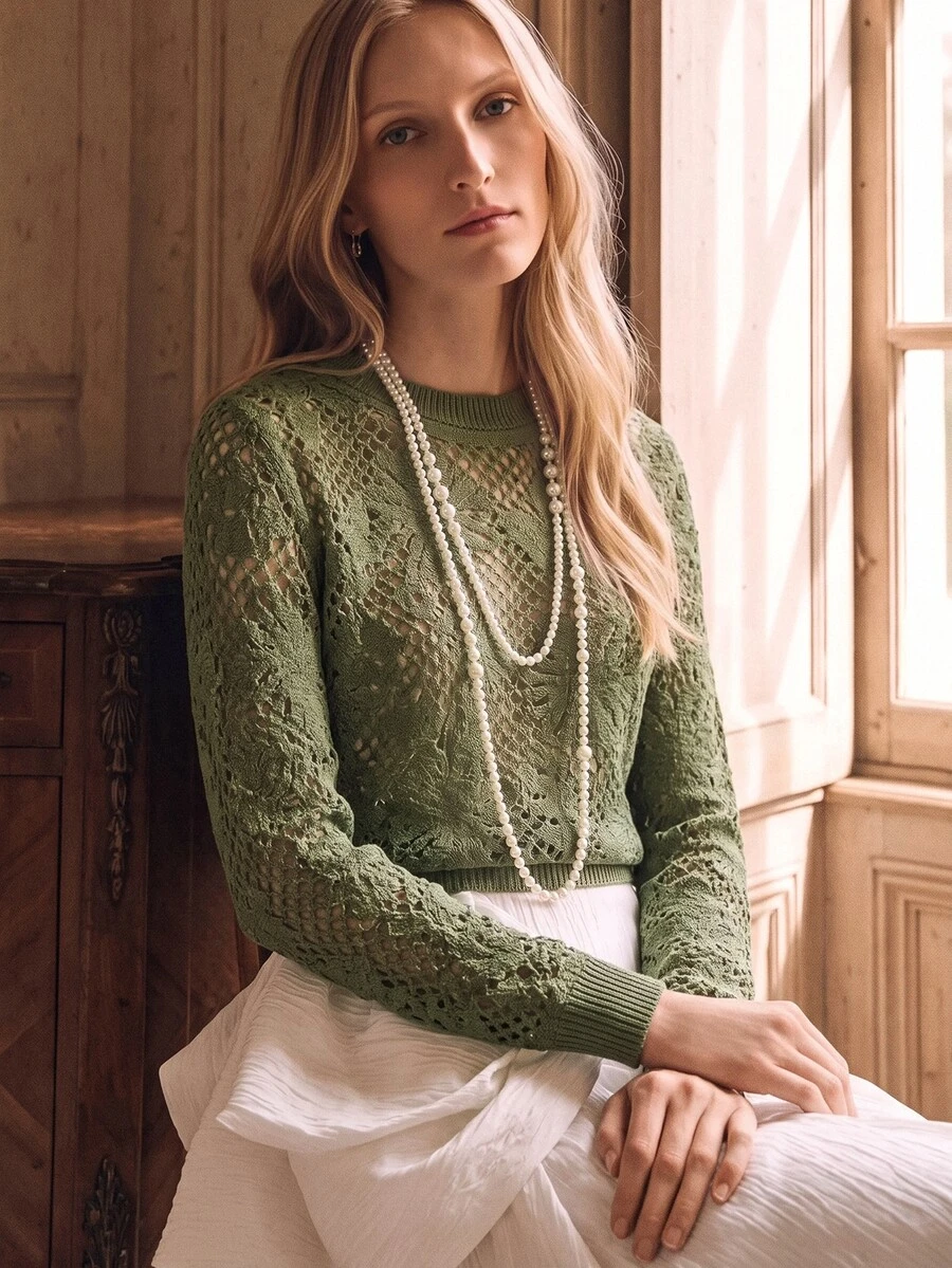Anewsta Hollow Crochet Green Asymmetrical Floral Pattern Cropped Round Neck Sweater - Green - View 1