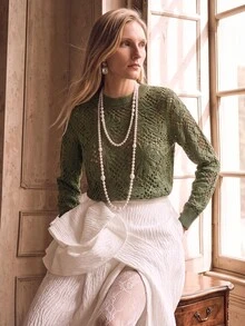 Anewsta Hollow Crochet Green Asymmetrical Floral Pattern Cropped Round Neck Sweater - Green - View 7