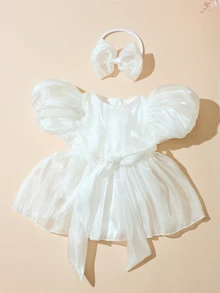SHEIN 新生女嬰連身裙連同蝴蝶結髮帶 0-3個月 嬰兒攝影服裝 黃色 春夏秋季 - 白色 - 查看 2
