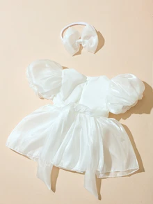 SHEIN 新生女嬰連身裙連同蝴蝶結髮帶 0-3個月 嬰兒攝影服裝 黃色 春夏秋季 - 白色 - 查看 8