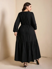 Comfylo Plus Size Elegant Commuter Solid Color Lace Patchwork Dress - Black - View 3