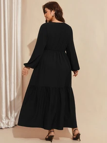 Comfylo Plus Size Elegant Commuter Solid Color Lace Patchwork Dress - Black - View 9