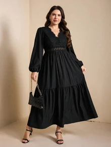 Comfylo Plus Size Elegant Commuter Solid Color Lace Patchwork Dress - Black - View 4
