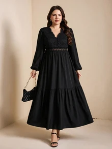 Comfylo Plus Size Elegant Commuter Solid Color Lace Patchwork Dress - Black - View 7