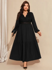 Comfylo Plus Size Elegant Commuter Solid Color Lace Patchwork Dress - Black - View 11