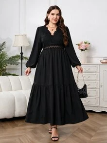Comfylo Plus Size Elegant Commuter Solid Color Lace Patchwork Dress - Black - View 6