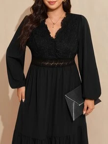 Comfylo Plus Size Elegant Commuter Solid Color Lace Patchwork Dress - Black - View 14