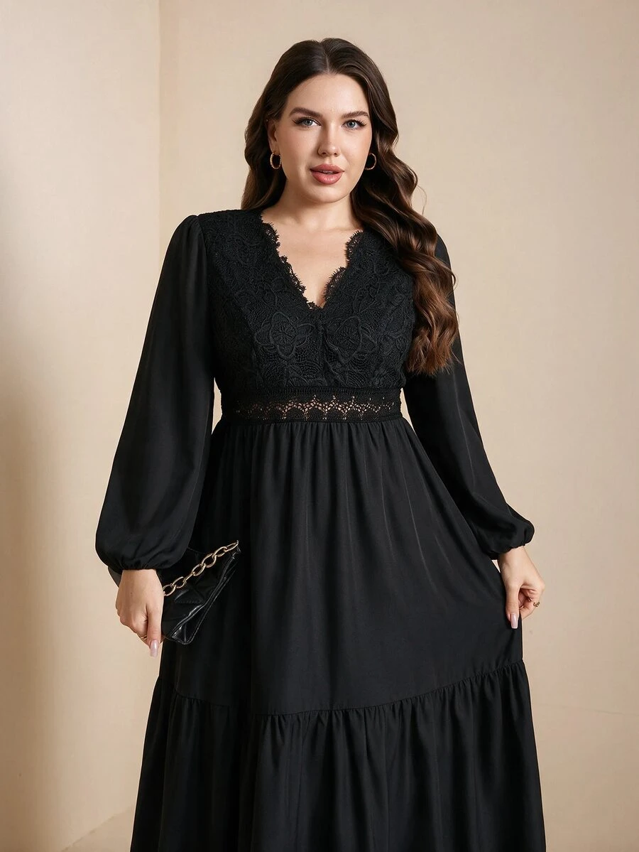 Comfylo Plus Size Elegant Commuter Solid Color Lace Patchwork Dress - Black - View 1