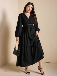Comfylo Plus Size Elegant Commuter Solid Color Lace Patchwork Dress - Black - View 5