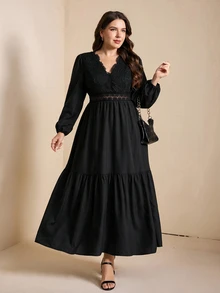Comfylo Plus Size Elegant Commuter Solid Color Lace Patchwork Dress - Black - View 2