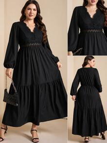 Comfylo Plus Size Elegant Commuter Solid Color Lace Patchwork Dress - Black - View 15