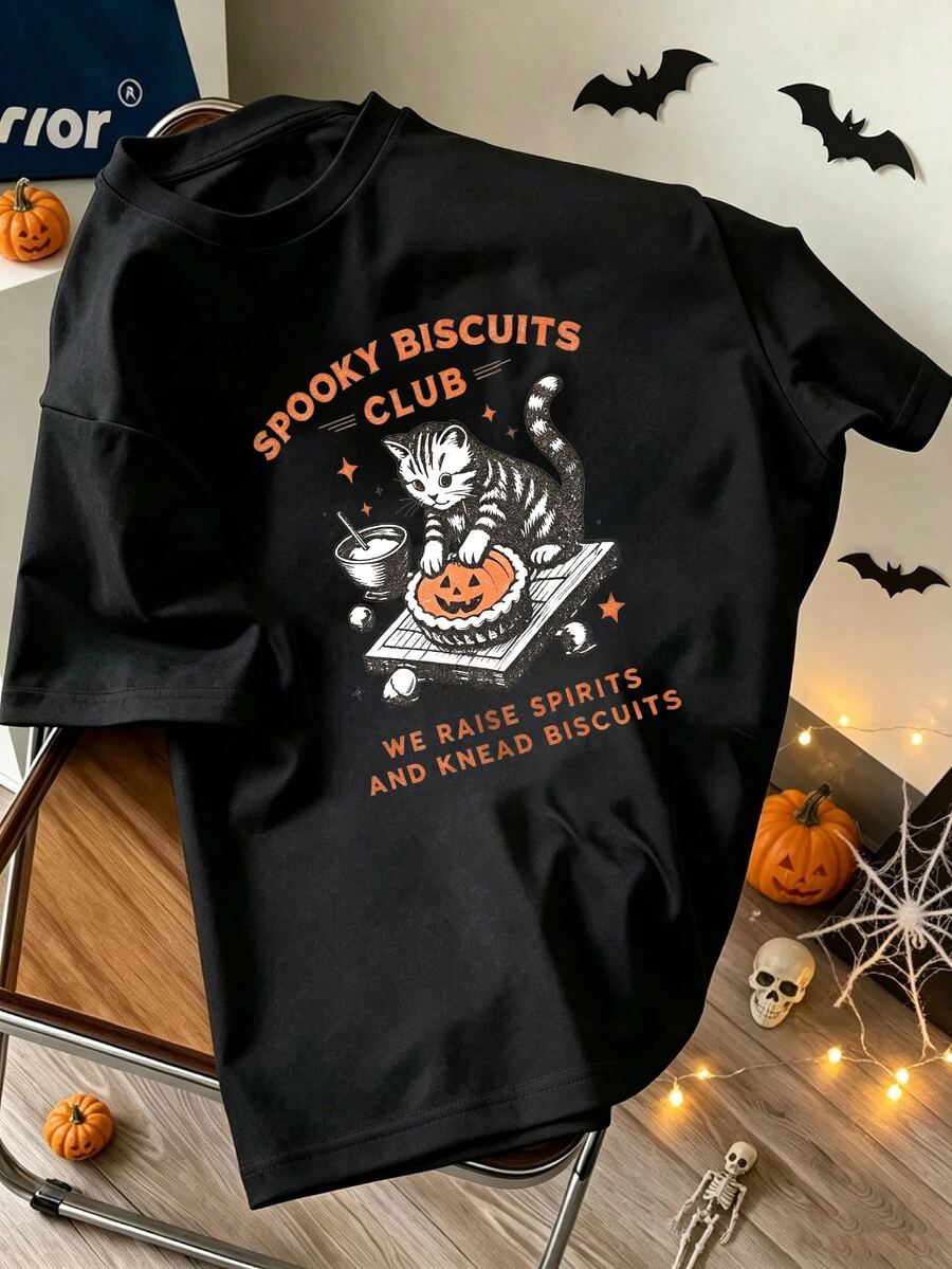 Resyla 男士 Horror Cookie Club 烘焙小貓圖案短袖T恤,柔軟可愛的萬聖節必備款!溫柔舒適且吸睛,精梳面料舒適親膚,百搭版型適合日常穿著,不限於節日場合,適用春夏日常、街頭穿搭與店鋪逛訪,貓咪愛好者與萬聖節復古風格愛好者的首選 - 黑色 - 查看 1