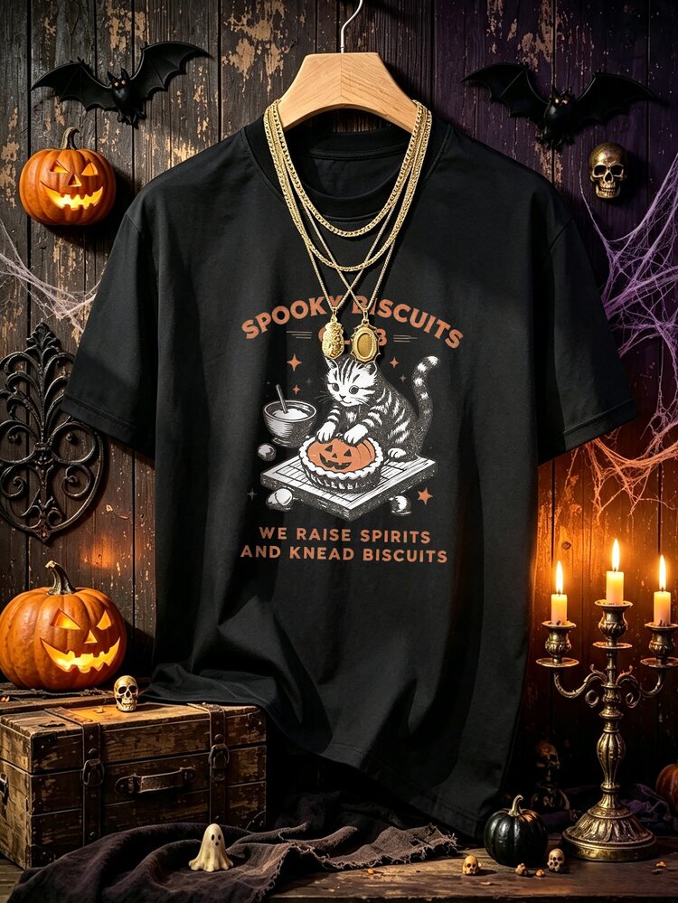 Resyla Men's Horror Cookie Club Baking Kitten Graphic Short Sleeve T-Shirt, Soft & Cute Halloween Must-Have! Gentle And To The Eye. Combed Fabric For Comfort, Versatile Fit For Everyday Wear, Not Limited To Holiday Occasions, Suitable For Spring/Summer Daily, Streetwear, And Store Visits, Top Choice For Cat Lovers And Halloween Retro Style Enthusiasts. - Black - View 4