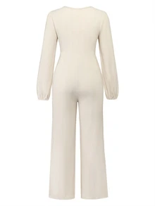 SHEIN Maternity Solid Color V-Neck Pleated Casual Maternity Everyday Jumpsuit Autumn Photoshoot Formal White - Apricot - View 2