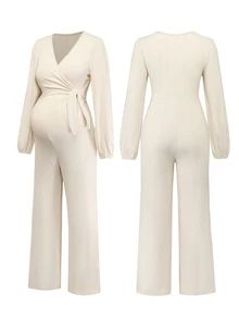 SHEIN Maternity Solid Color V-Neck Pleated Casual Maternity Everyday Jumpsuit Autumn Photoshoot Formal White - Apricot - View 3