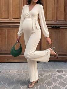 SHEIN Maternity Solid Color V-Neck Pleated Casual Maternity Everyday Jumpsuit Autumn Photoshoot Formal White - Apricot - View 11