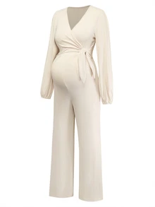 SHEIN Maternity Solid Color V-Neck Pleated Casual Maternity Everyday Jumpsuit Autumn Photoshoot Formal White - Apricot - View 9