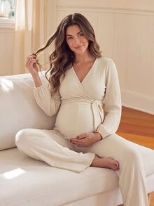 SHEIN Maternity Solid Color V-Neck Pleated Casual Maternity Everyday Jumpsuit Autumn Photoshoot Formal White - Apricot - View 10