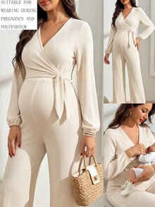 SHEIN Maternity Solid Color V-Neck Pleated Casual Maternity Everyday Jumpsuit Autumn Photoshoot Formal White - Apricot - View 12