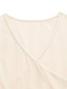 SHEIN Maternity Solid Color V-Neck Pleated Casual Maternity Everyday Jumpsuit Autumn Photoshoot Formal White - Apricot - View 7