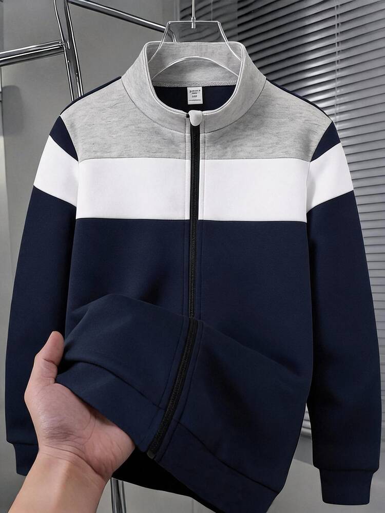 SHEIN Kids Tween Boys' Casual Color-Blocked Warm Zip-Up Stand-Up Collar Sweatshirt That Can Be Worn Alone, Perfect For The Fall And Winter Back-To-School - Multicolor - View 1