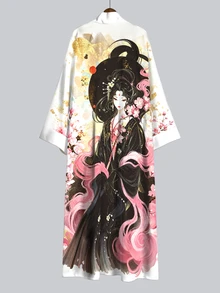 Irokai Gold Foil Cherry Blossom Ink Wash Lady Print Wide Sleeve Kimono Jacket, Open Front Tie Waist Robe, Japanese Yukata Vacation White - Multicolor - View 3