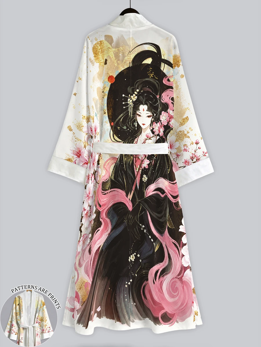 Irokai Gold Foil Cherry Blossom Ink Wash Lady Print Wide Sleeve Kimono Jacket, Open Front Tie Waist Robe, Japanese Yukata Vacation White - Multicolor - View 1