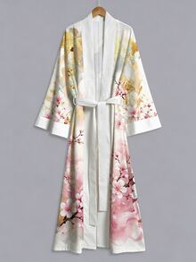 Irokai Gold Foil Cherry Blossom Ink Wash Lady Print Wide Sleeve Kimono Jacket, Open Front Tie Waist Robe, Japanese Yukata Vacation White - Multicolor - View 2