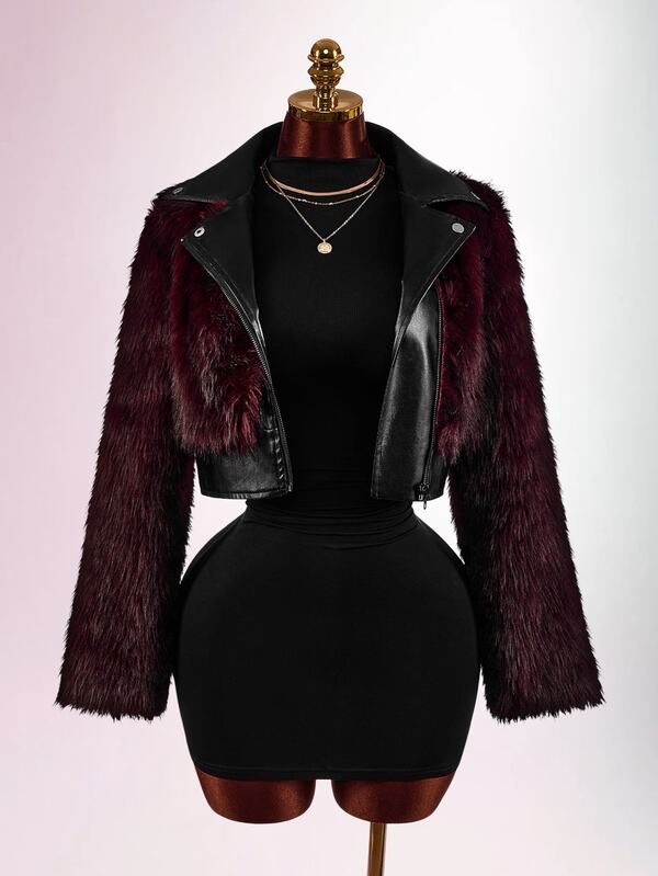 Amplova Y2K Women's Fitted PU Faux Fur Panel Long Sleeve Jacket With Large Lapel Cinched Waist Rivet Detail Bodycon Halloween Night Out Club Black Winter